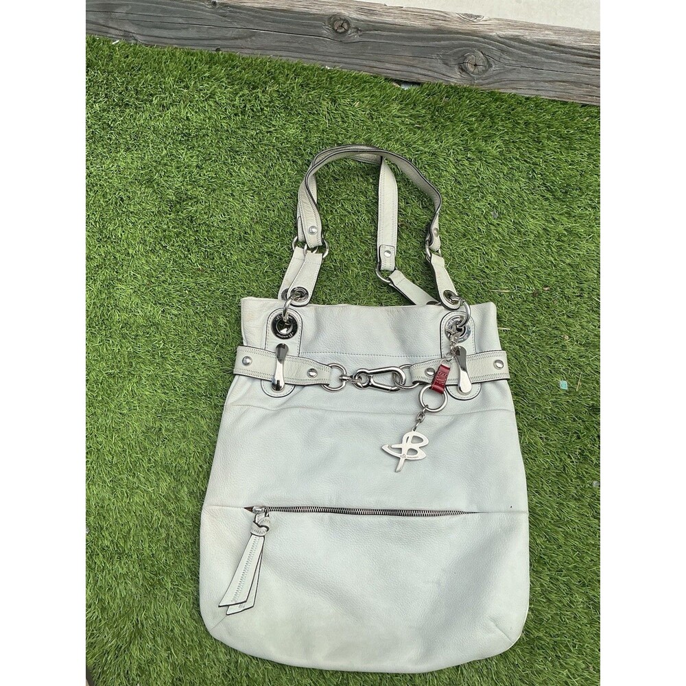 B Makowsky Ivory Leather Shoulder Hobo Handbag Silver Hardware Leopard Lining
